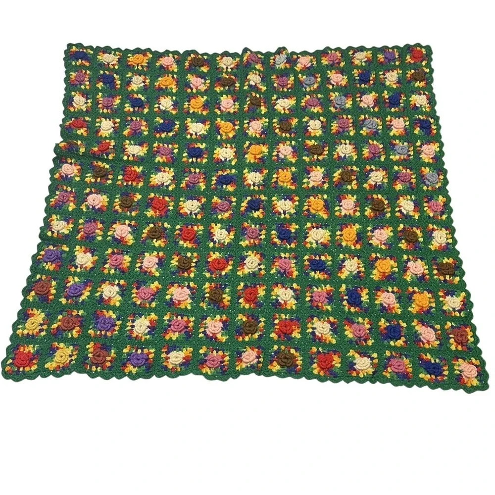 Handmade Granny Square Throw Floral 3D Knit Green Colorful Sofa Blanket Afgan